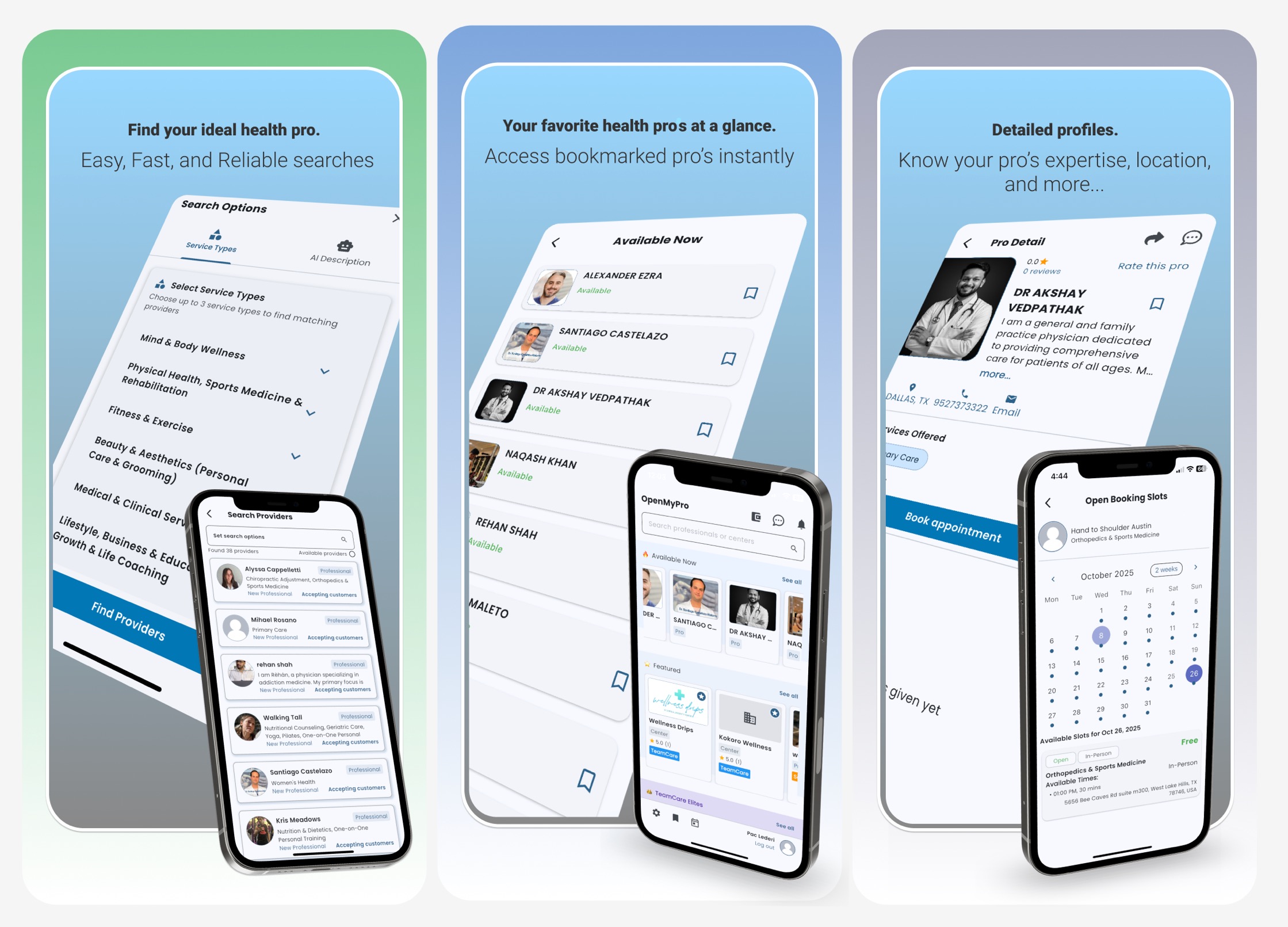 OpenMyPro app interface showing instant practitioner search, bookmarked favorites, & detailed provider profiles for same-day wellness appointments